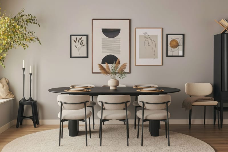 Noira Soikea Ruokapöytä 220 cm 6 Lucy Ruokatuolia - Musta / Greige Bouclé / Metallijalat Musta - Huonekalut - Pöytä & ruokailuryhmä - Ruokailuryhmä