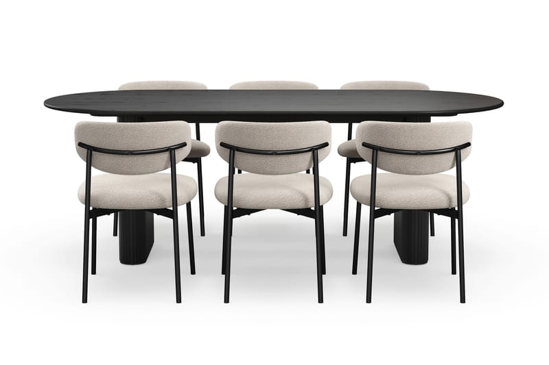 Noira Soikea Ruokapöytä 220 cm 6 Lucy Ruokatuolia - Musta / Greige Bouclé / Metallijalat Musta - Huonekalut - Pöytä & ruokailuryhmä - Ruokailuryhmä