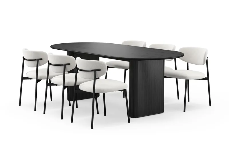 Noira Soikea Ruokapöytä 220 cm 6 Lucy Ruokatuolia, Musta / Valkoinen Bouclé / Metallijalat Musta