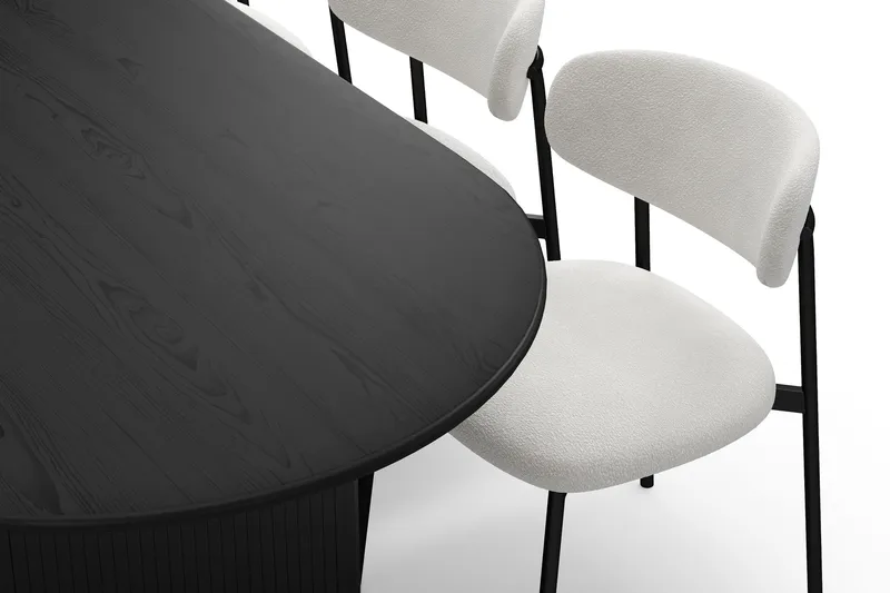 Noira Soikea Ruokapöytä 220 cm 6 Lucy Ruokatuolia - Musta / Valkoinen Bouclé / Metallijalat Musta - Huonekalut - Pöytä & ruokailuryhmä - Ruokailuryhmä