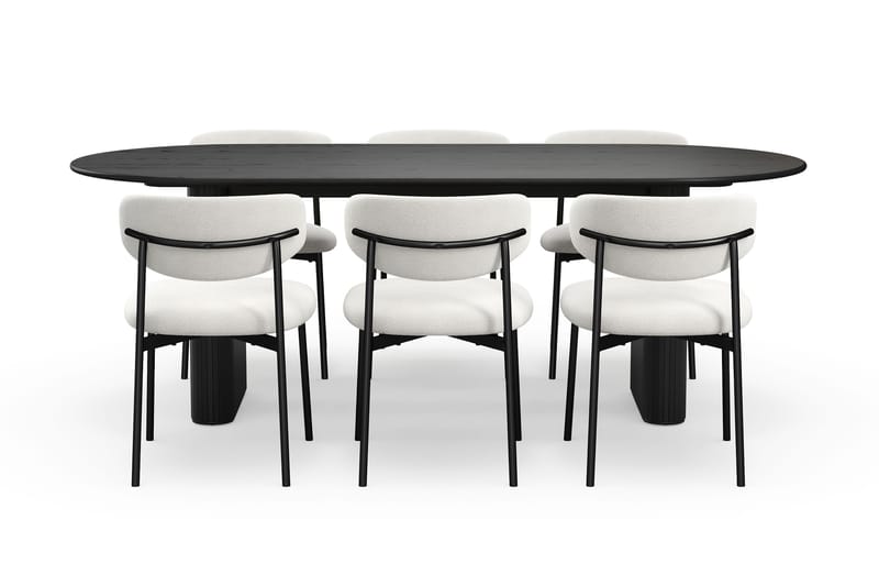 Noira Soikea Ruokapöytä 220 cm 6 Lucy Ruokatuolia - Musta / Valkoinen Bouclé / Metallijalat Musta - Huonekalut - Pöytä & ruokailuryhmä - Ruokailuryhmä