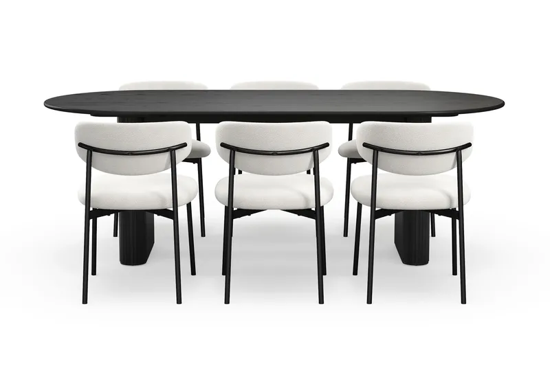 Noira Soikea Ruokapöytä 220 cm 6 Lucy Ruokatuolia - Musta / Valkoinen Bouclé / Metallijalat Musta - Huonekalut - Pöytä & ruokailuryhmä - Ruokailuryhmä