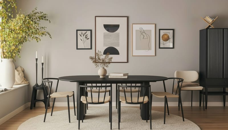 Noira Soikea Ruokapöytä 220 cm 6 Winston Ruokatuolia - Musta / Beige / Metallijalat Musta - Huonekalut - Pöytä & ruokailuryhmä - Ruokailuryhmä