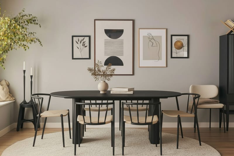 Noira Soikea Ruokapöytä 220 cm 6 Winston Ruokatuolia - Musta / Beige / Metallijalat Musta - Huonekalut - Pöytä & ruokailuryhmä - Ruokailuryhmä