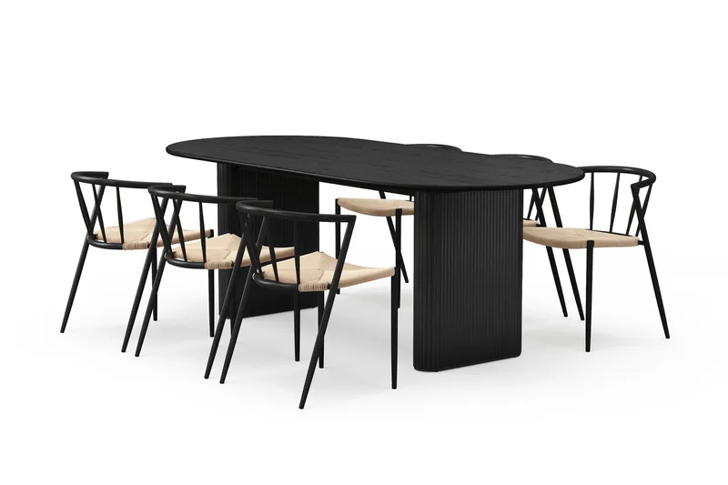 Noira Soikea Ruokapöytä 220 cm 6 Winston Ruokatuolia, Musta / Beige / Metallijalat Musta