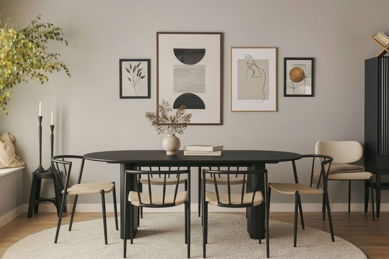 Noira Soikea Ruokapöytä 220 cm 6 Winston Ruokatuolia - Musta / Beige / Metallijalat Musta - Huonekalut - Pöytä & ruokailuryhmä - Ruokailuryhmä