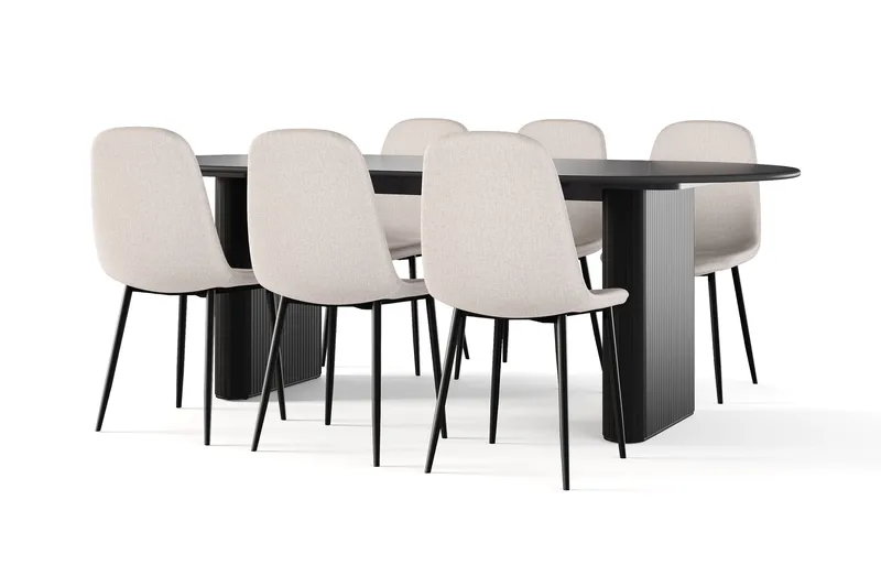 Noira Soikea Ruokapöytä 220 cm Musta + 6 Nibe tuolia beige mustilla jaloilla, Musta/Beige