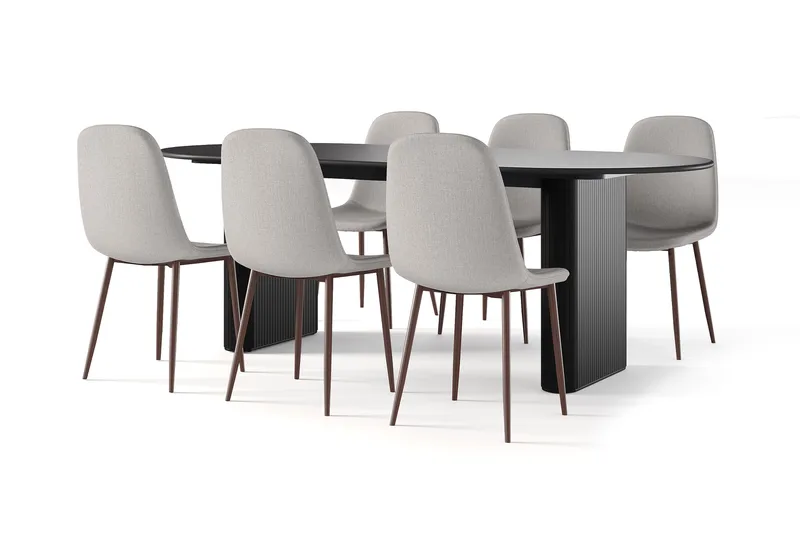 Noira Soikea Ruokapöytä 220 cm Musta + 6 Nibe tuolia beige pähkinäjaloilla, Musta/Beige