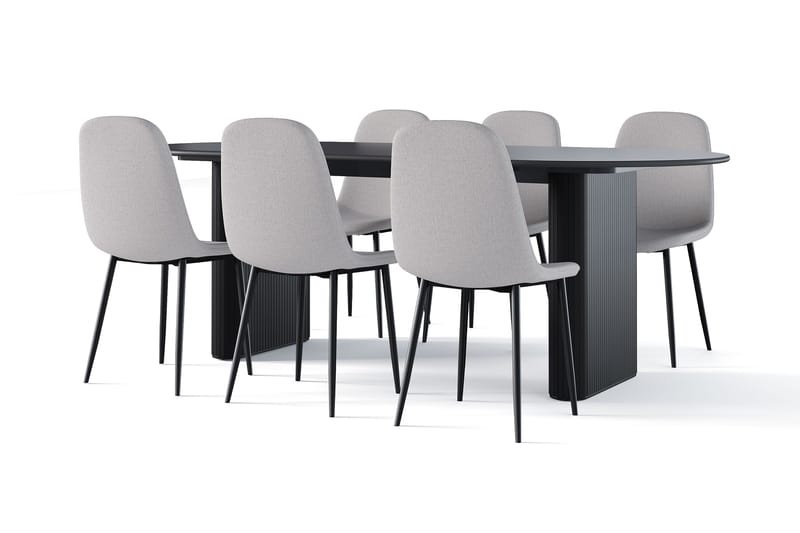 Noira Soikea Ruokapöytä 220 cm Musta + 6 Nibe tuolia harmaa mustilla jaloilla, Musta/Harmaa