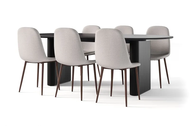 Noira Soikea Ruokapöytä 220 cm Musta + 6 Nibe tuolia harmaa pähkinäjaloilla, Musta/Harmaa