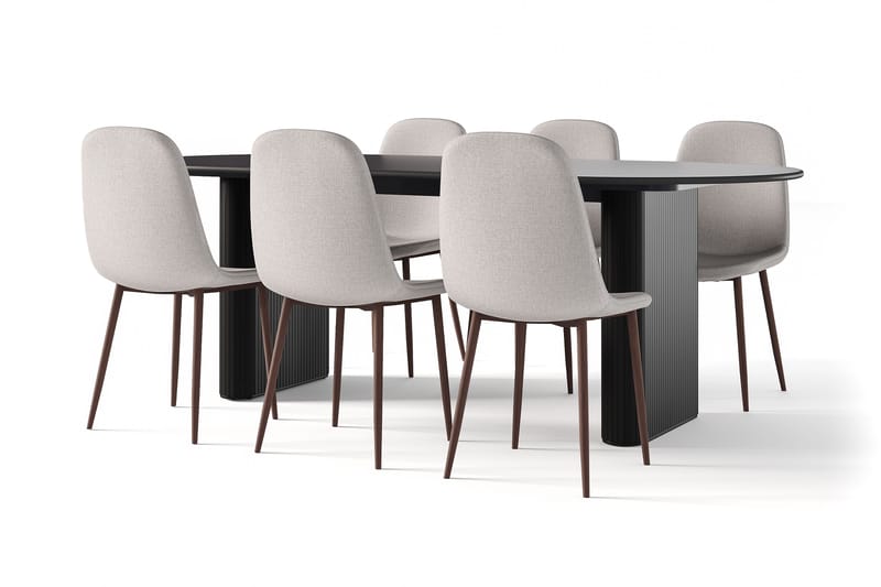 Noira Soikea Ruokapöytä 220 cm Musta + 6 Nibe tuolia harmaa pähkinäjaloilla, Musta/Harmaa