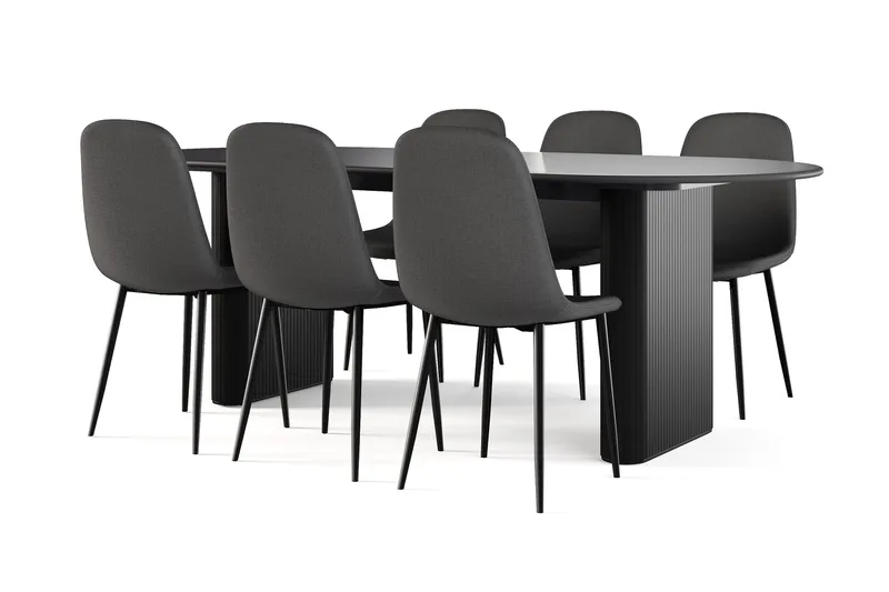 Noira Soikea Ruokapöytä 220 cm Musta + 6 Nibe tuolia musta mustilla jaloilla, Musta