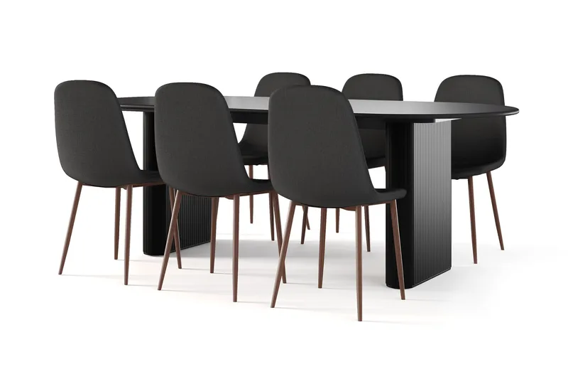 Noira Soikea Ruokapöytä 220 cm Musta + 6 Nibe tuolia musta pähkinäjaloilla, Musta