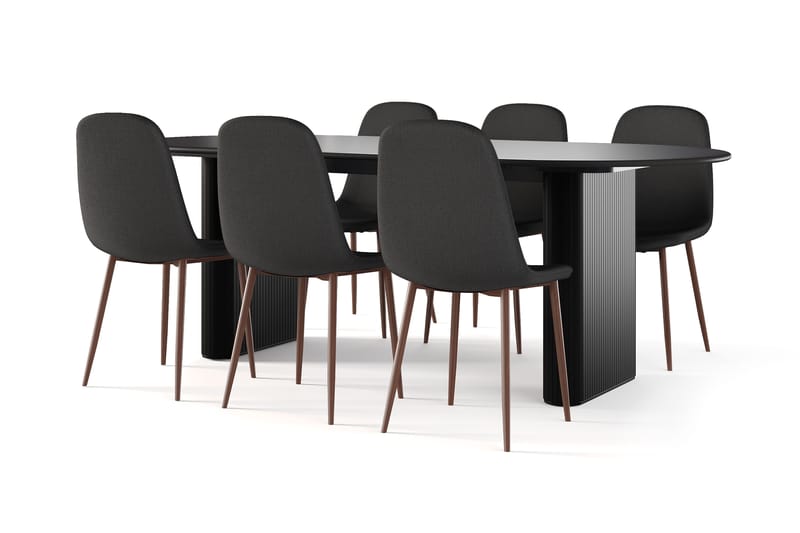 Noira Soikea Ruokapöytä 220 cm Musta + 6 Nibe tuolia musta pähkinäjaloilla, Musta