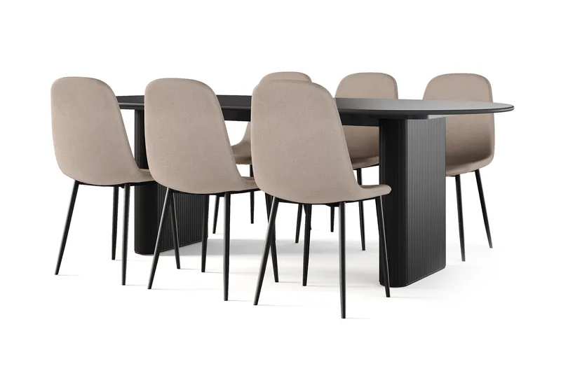 Noira Soikea Ruokapöytä 220 cm Musta + 6 Nibe tuolia ruskea mustilla jaloilla, Musta/Ruskea