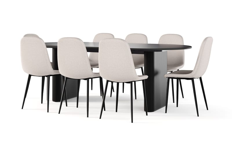 Noira Soikea Ruokapöytä 220 cm Musta + 8 Nibe tuolia beige mustilla jaloilla, Musta/Beige