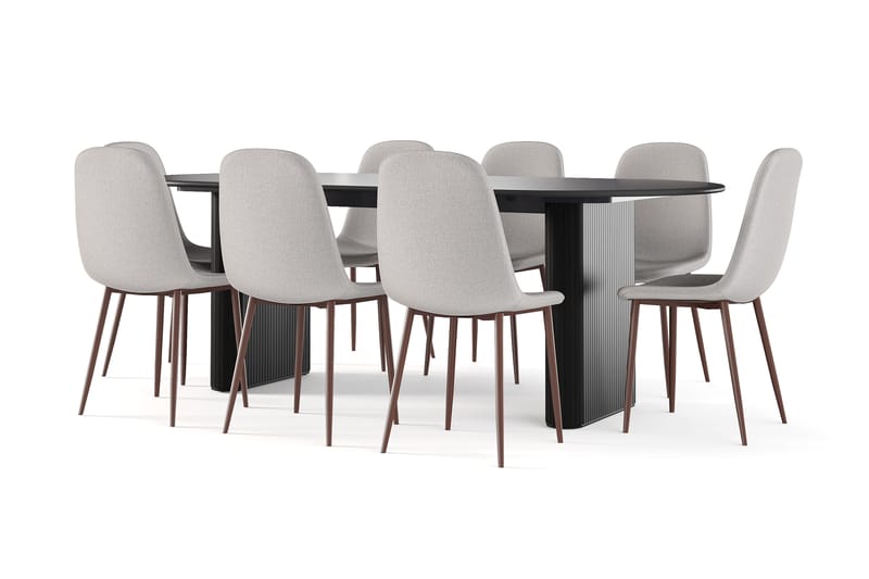 Noira Soikea Ruokapöytä 220 cm Musta + 8 Nibe tuolia beige pähkinäjaloilla, Musta/Beige