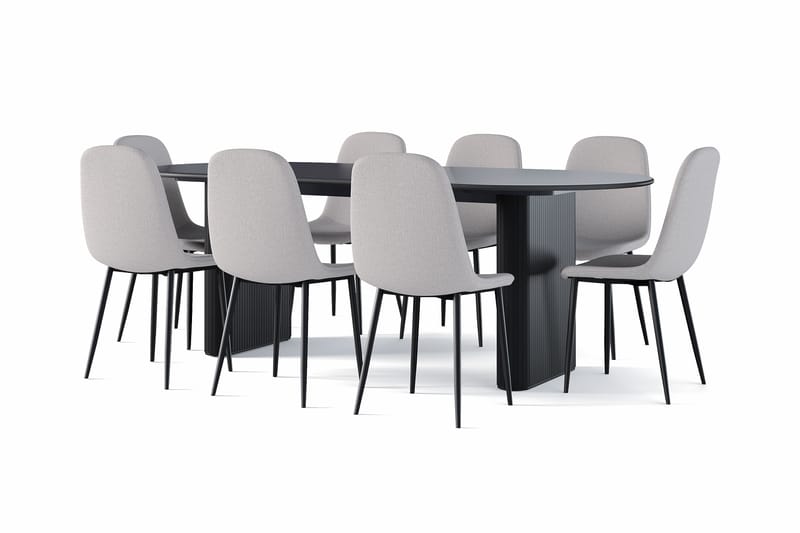 Noira Soikea Ruokapöytä 220 cm Musta + 8 Nibe tuolia harmaa mustilla jaloilla, Musta/Harmaa