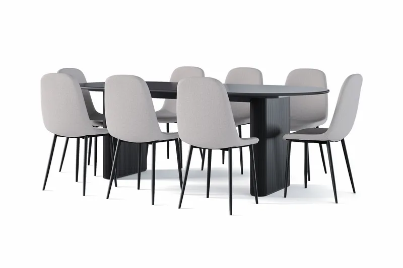 Noira Soikea Ruokapöytä 220 cm Musta + 8 Nibe tuolia harmaa mustilla jaloilla, Musta/Harmaa