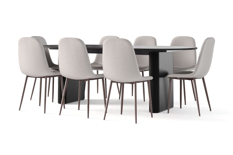 Noira Soikea Ruokapöytä 220 cm Musta + 8 Nibe tuolia harmaa pähkinäjaloilla - Musta/Harmaa - Huonekalut - Pöytä & ruokailuryhmä - Ruokailuryhmä