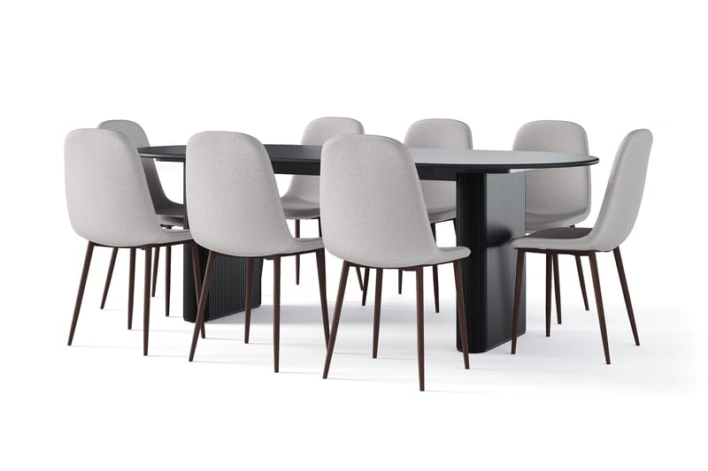 Noira Soikea Ruokapöytä 220 cm Musta + 8 Nibe tuolia harmaa pähkinäjaloilla, Musta/Harmaa