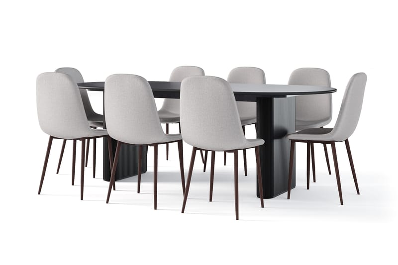 Noira Soikea Ruokapöytä 220 cm Musta + 8 Nibe tuolia harmaa pähkinäjaloilla, Musta/Harmaa