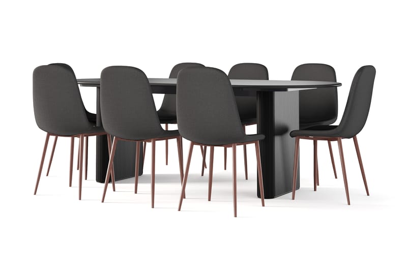 Noira Soikea Ruokapöytä 220 cm Musta + 8 Nibe tuolia musta pähkinäjaloilla - Musta - Huonekalut - Pöytä & ruokailuryhmä - Ruokailuryhmä