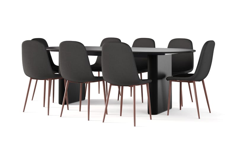 Noira Soikea Ruokapöytä 220 cm Musta + 8 Nibe tuolia musta pähkinäjaloilla - Musta - Huonekalut - Pöytä & ruokailuryhmä - Ruokailuryhmä