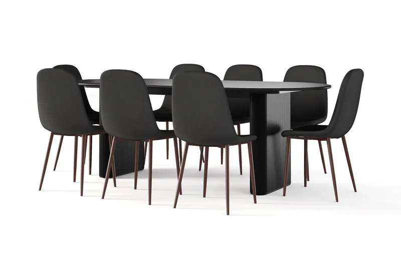 Noira Soikea Ruokapöytä 220 cm Musta + 8 Nibe tuolia musta pähkinäjaloilla, Musta