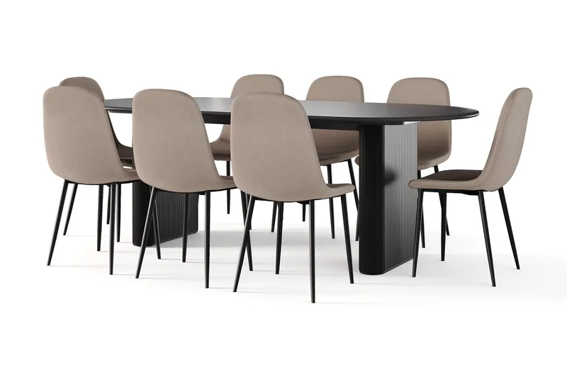 Noira Soikea Ruokapöytä 220 cm Musta + 8 Nibe tuolia ruskea mustilla jaloilla, Musta/Ruskea