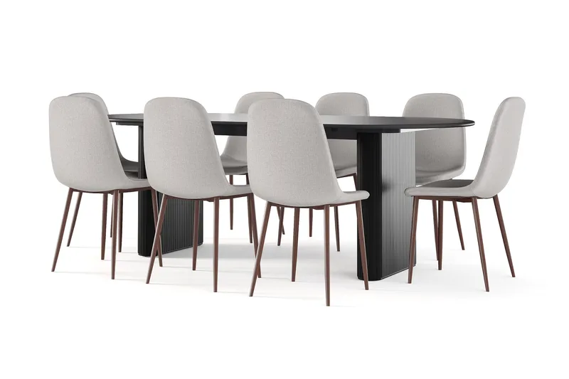 Noira Soikea Ruokapöytä 220 cm Musta + 8 Nibe tuolia beige pähkinäjaloilla, Musta/Beige