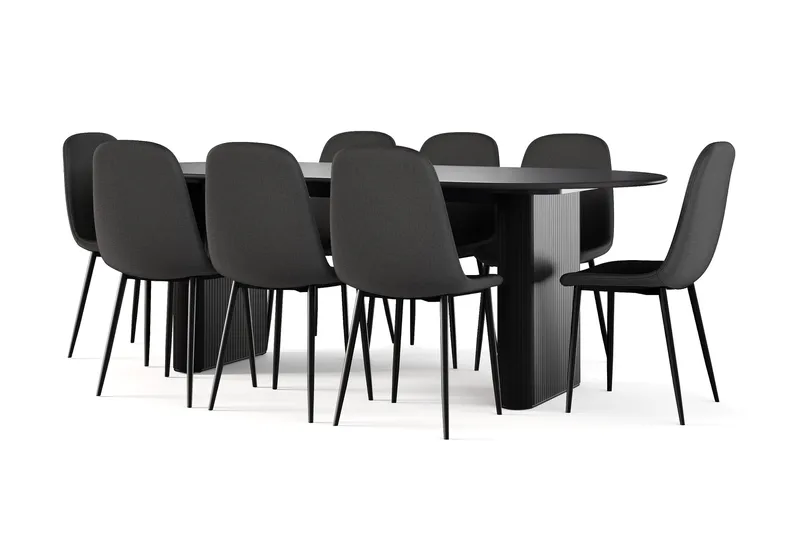 Noira Soikea Ruokapöytä 220 cm Musta + 8 Nibe tuolia musta mustilla jaloilla, Musta