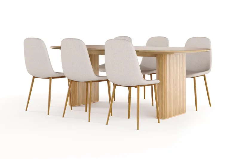 Noira Soikea Ruokapöytä 220 cm Tammi + 6 Nibe tuolia beige tammijaloilla, Luonnonväri/Beige
