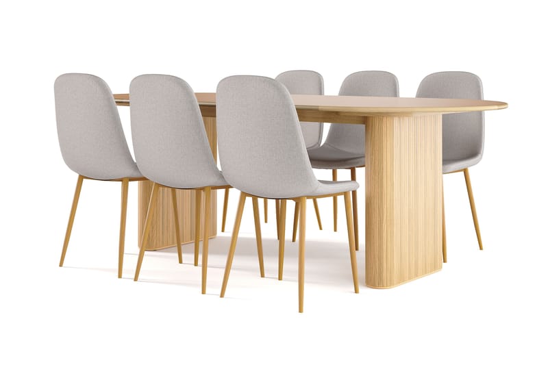 Noira Soikea Ruokapöytä 220 cm Tammi + 6 Nibe tuolia harmaa tammijaloilla, Luonnonväri/Harmaa