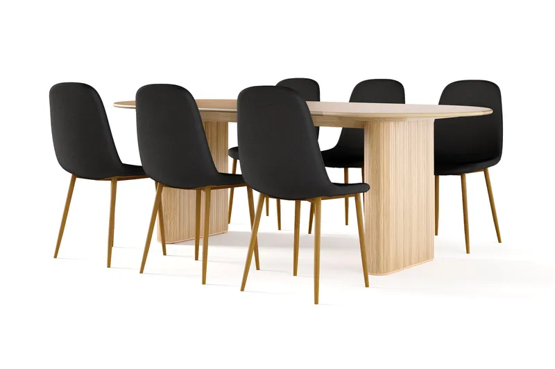 Noira Soikea Ruokapöytä 220 cm Tammi + 6 Nibe tuolia musta tammijaloilla, Luonnonväri/Musta