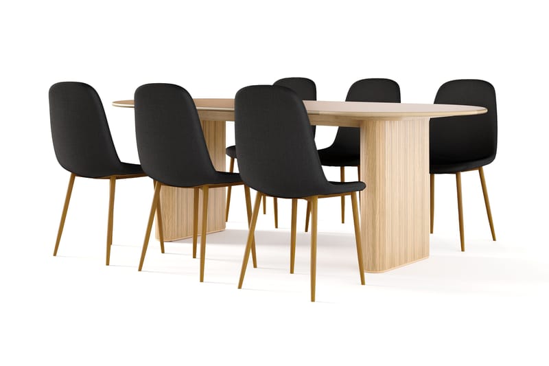 Noira Soikea Ruokapöytä 220 cm Tammi + 6 Nibe tuolia musta tammijaloilla, Luonnonväri/Musta