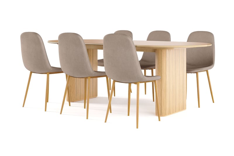 Noira Soikea Ruokapöytä 220 cm Tammi + 6 Nibe tuolia ruskea tammijaloilla, Luonnonväri/Ruskea