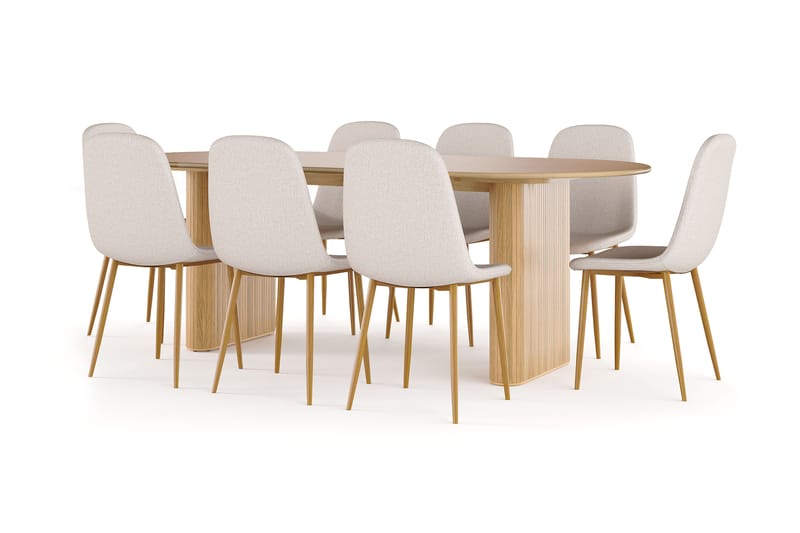 Noira Soikea Ruokapöytä 220 cm Tammi + 8 Nibe tuolia beige tammijaloilla, Luonnonväri/Beige