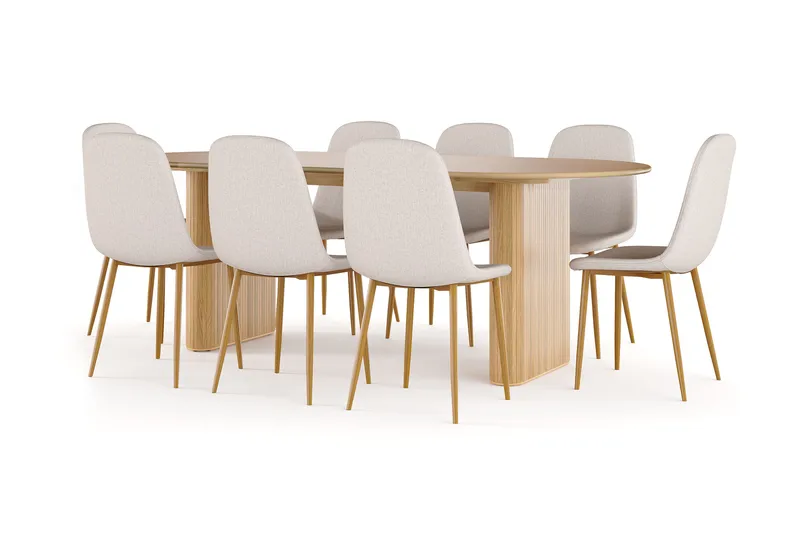 Noira Soikea Ruokapöytä 220 cm Tammi + 8 Nibe tuolia beige tammijaloilla, Luonnonväri/Beige