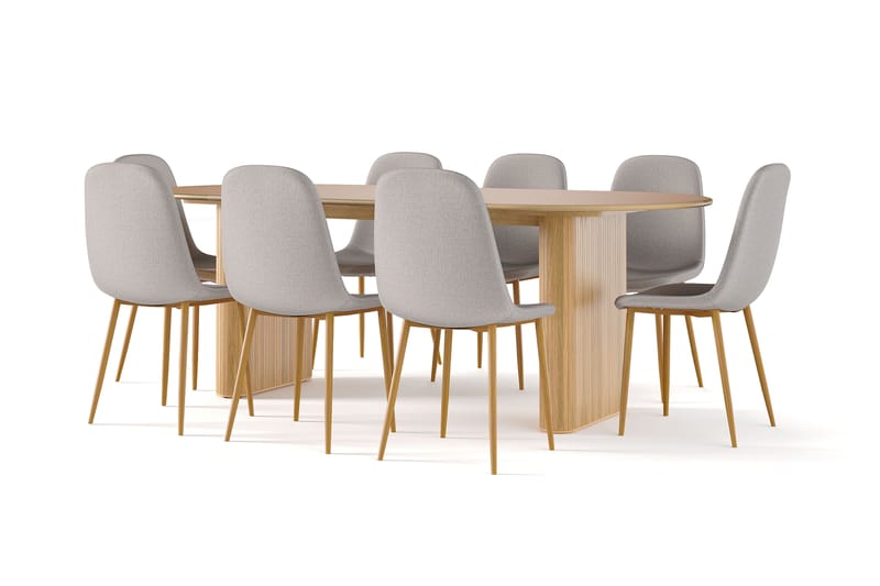 Noira Soikea Ruokapöytä 220 cm Tammi + 8 Nibe tuolia harmaa tammijaloilla, Luonnonväri/Harmaa