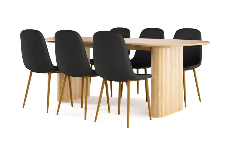 Noira Soikea Ruokapöytä 220 cm Tammi + 8 Nibe tuolia musta tammijaloilla, Luonnonväri/Musta