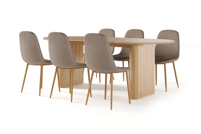 Noira Soikea Ruokapöytä 220 cm Tammi + 8 Nibe tuolia ruskea tammijaloilla, Luonnonväri/Ruskea