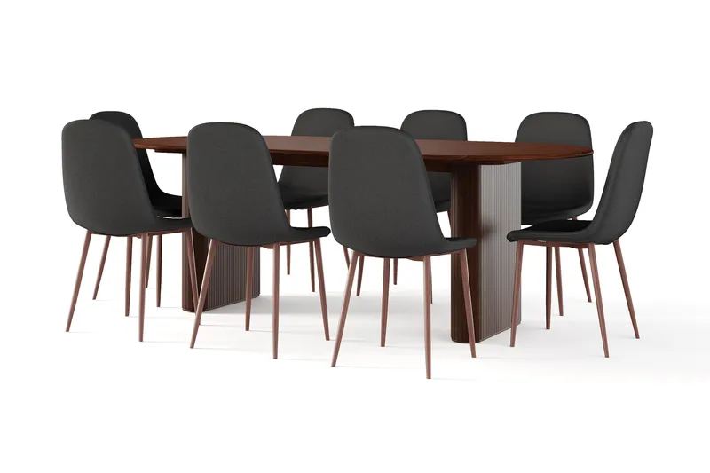 Noira Soikea Ruokapöytä 220 cm Pähkinä + 8 Nibe tuolia musta pähkinäjaloilla, Ruskea/Musta
