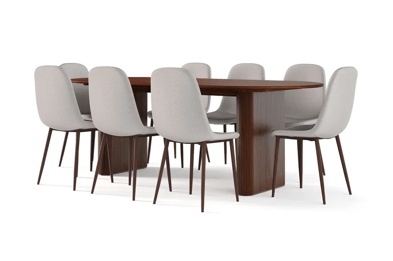 Noira Soikea Ruokapöytä 220 cm Pähkinä + 8 Nibe tuolia harmaa pähkinäjaloilla, Ruskea/Harmaa