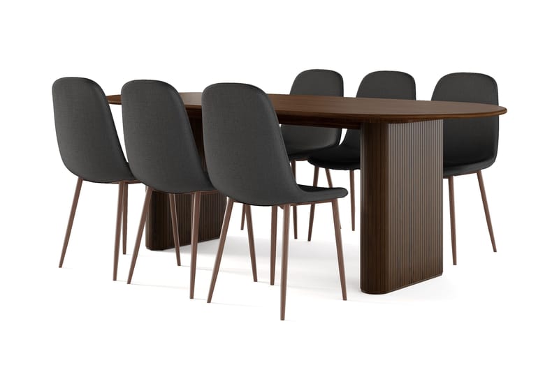 Noira Soikea Ruokapöytä 220 cm Pähkinä + 6 Nibe tuolia musta pähkinäjaloilla, Ruskea/Musta