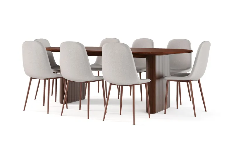 Noira Soikea Ruokapöytä 220 cm Pähkinä + 8 Nibe tuolia beige pähkinäjaloilla, Ruskea/Beige