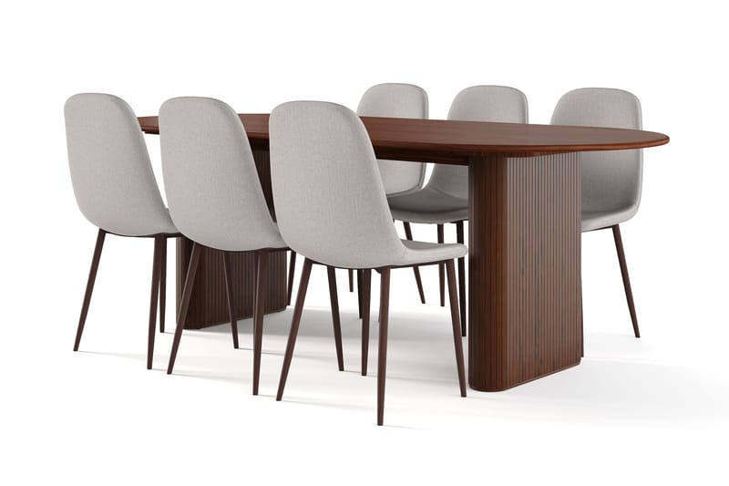 Noira Soikea Ruokapöytä 220 cm Pähkinä + 6 Nibe tuolia harmaa pähkinäjaloilla, Ruskea/Harmaa