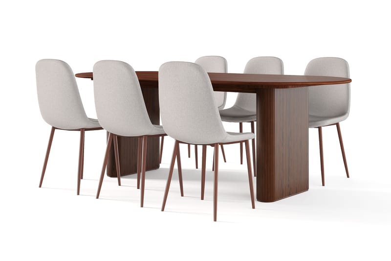 Noira Soikea Ruokapöytä 220 cm Pähkinä + 6 Nibe tuolia beige pähkinäjaloilla, Ruskea/Beige