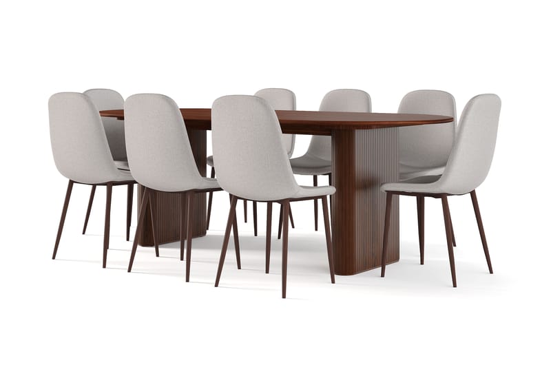 Noira Soikea Ruokapöytä 220 cm Pähkinä + 8 Nibe tuolia harmaa pähkinäjaloilla, Ruskea/Harmaa
