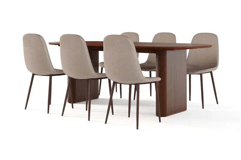 Noira Soikea Ruokapöytä 220 cm Pähkinä + 6 Nibe tuolia ruskea pähkinäjaloilla, Ruskea